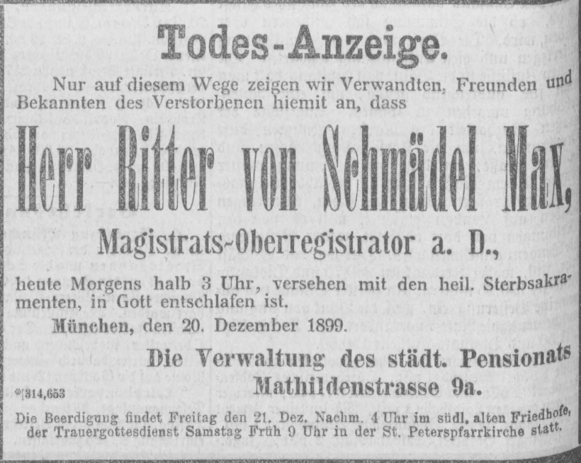 Todesanzeige für Max Ritter von Schmädel