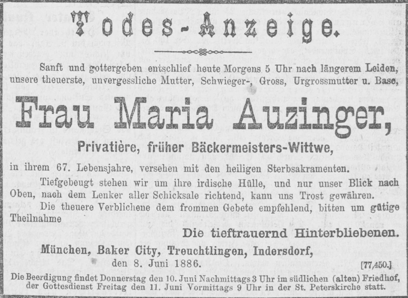 Todesanzeige für Maria Auzinger