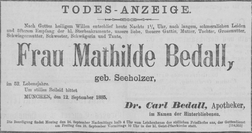 Todesanzeige für Mathilde Bedall