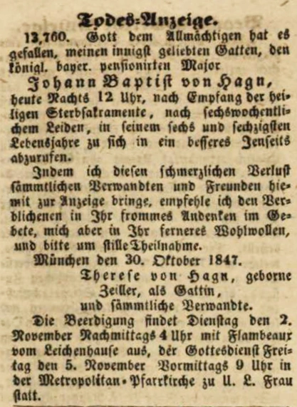 Todesanzeige für Johann Baptist von Hagn