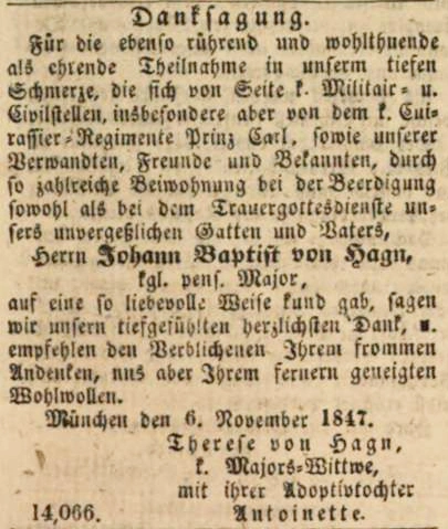 Danksagung für Johann Baptist von Hagn