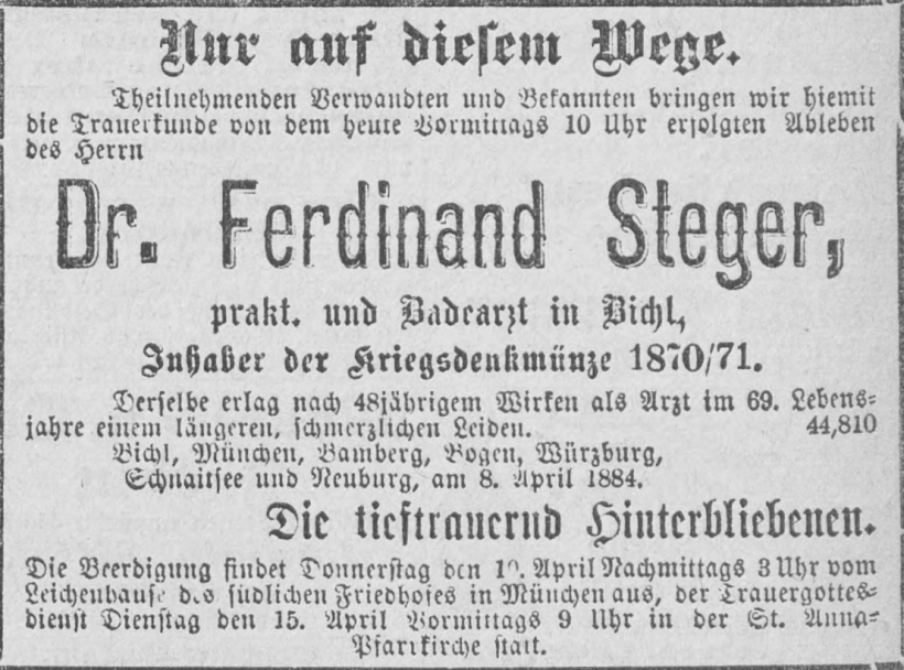 Todesanzeige für Dr. med. Ferdinand Steger