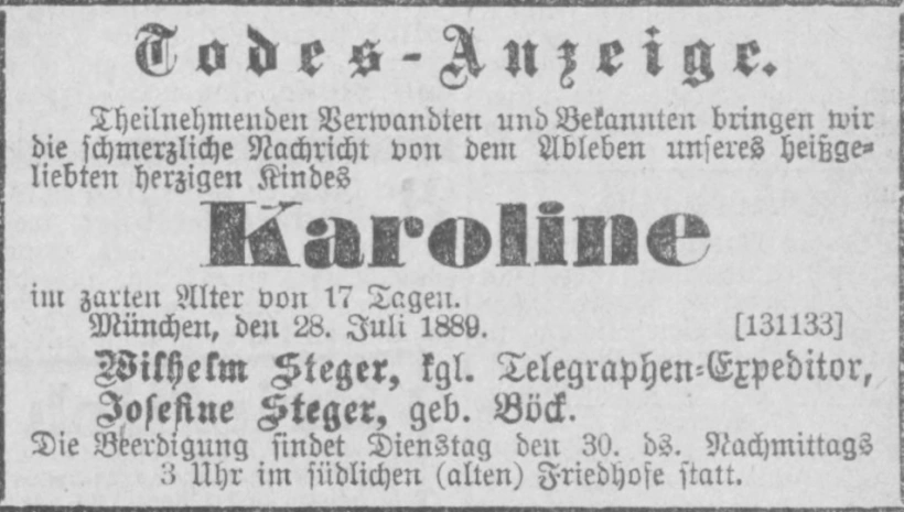 Todesanzeige für Karoline Steger
