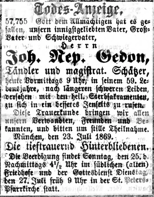 Todesanzeige für Johann Nepomuk Gedon