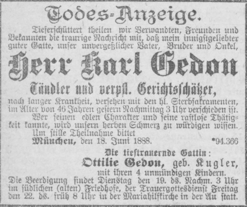 Todesanzeige für Karl Gedon