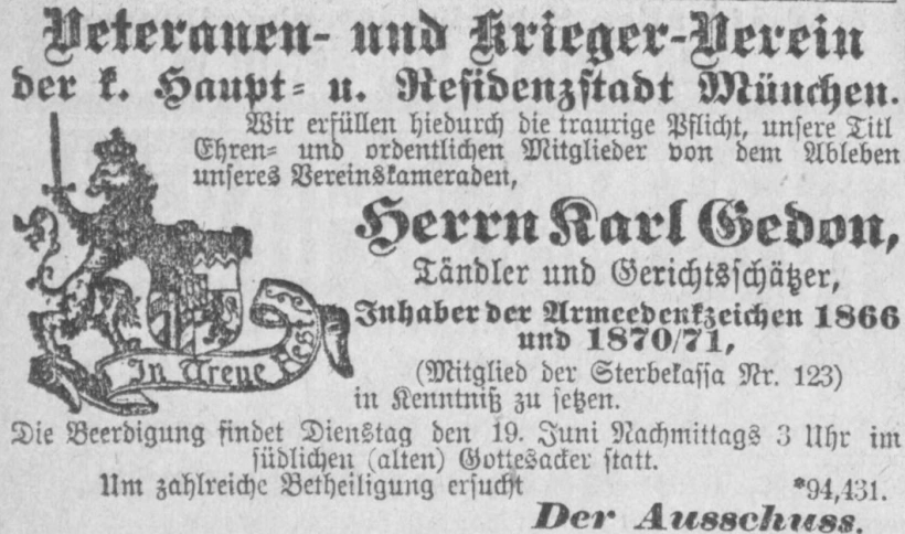 Todesanzeige für Karl Gedon