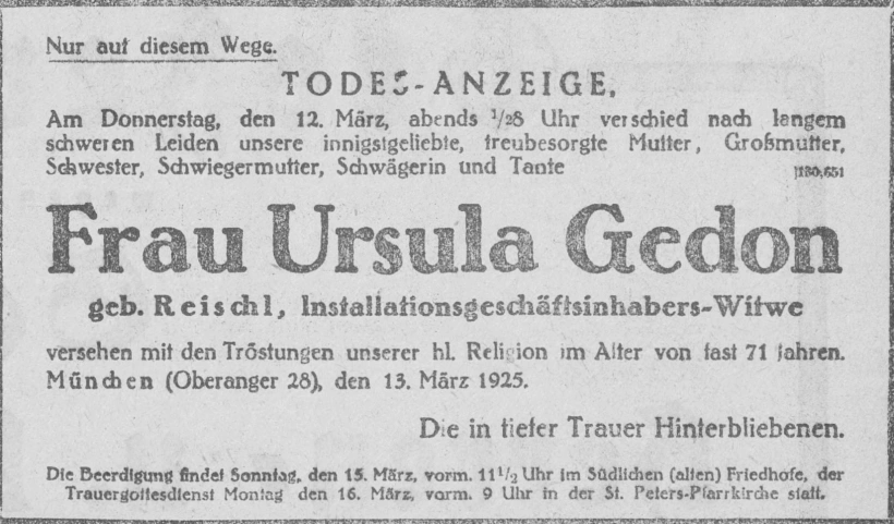 Todesanzeige für Ursula Gedon