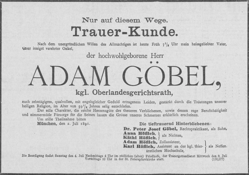 Todesanzeige für Adam Göbel