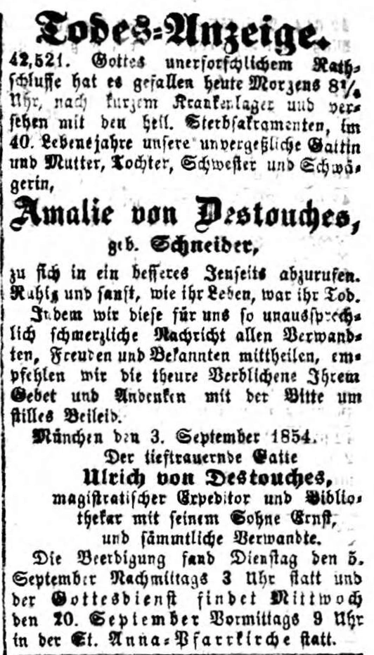 Todesanzeige für Amalie von Destouches