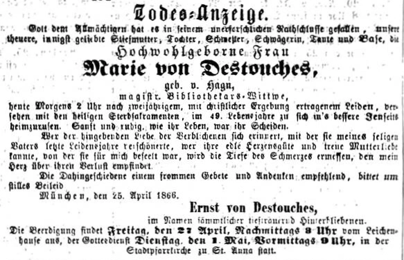Todesanzeige für Marie von Destouches