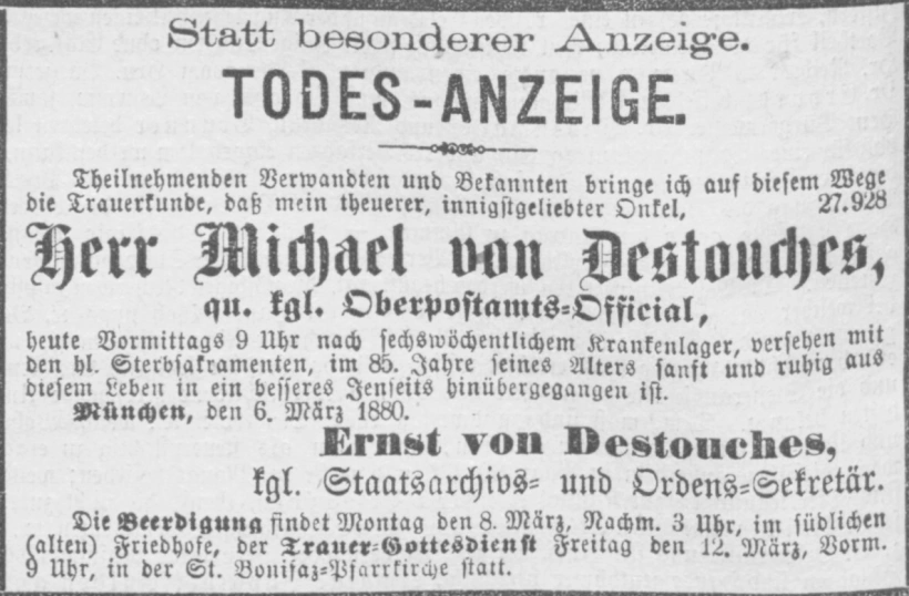 Todesanzeige für Michael von Destouches