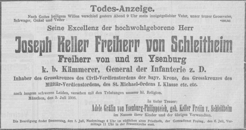 Todesanzeige für Josef Freiherr Keller von Schleitheim