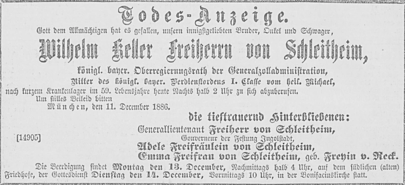 Todesanzeige für Wilhelm Freiherr Keller von Schleitheim