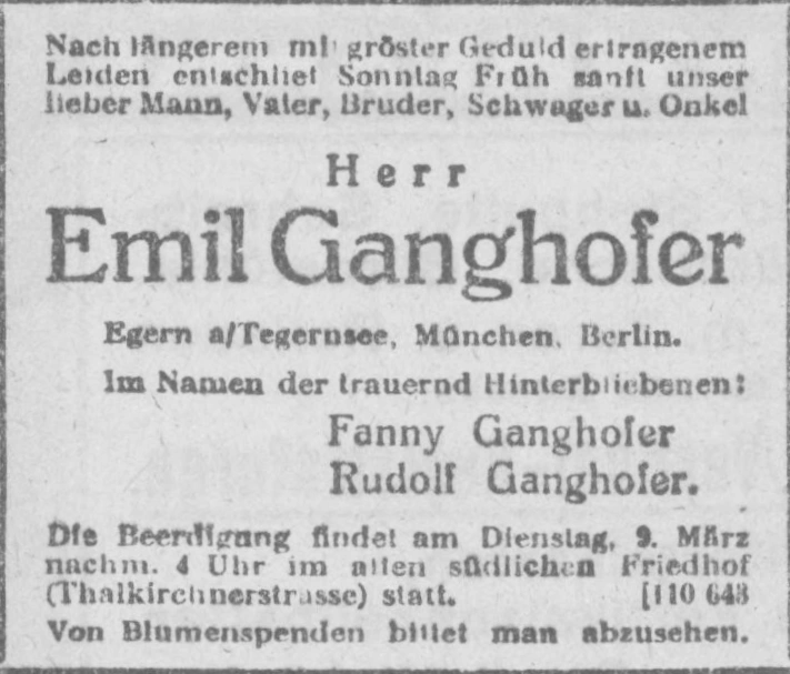 Todesanzeige für Emil Ganghofer