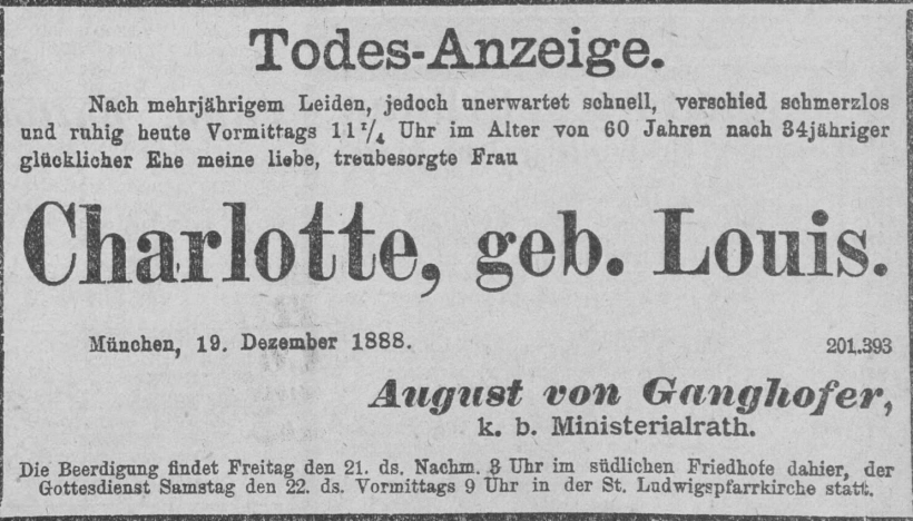Todesanzeige für Charlotte von Ganghofer