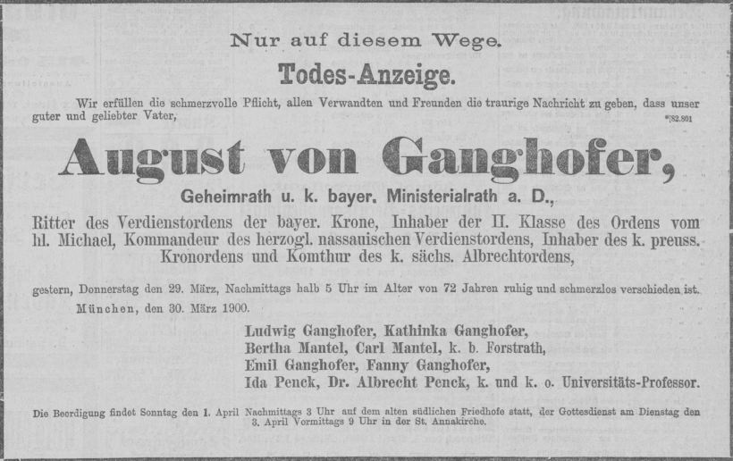 Todesanzeige für August von Ganghofer