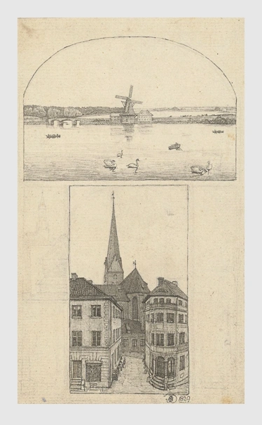 Julius Oldach: Blick auf die Aussenalster / Blick auf die Petrikirche in Hamburg von Osten. 1829.