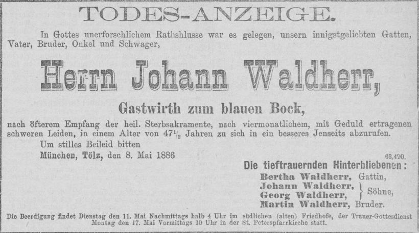 Todesanzeige für Johann Waldherr