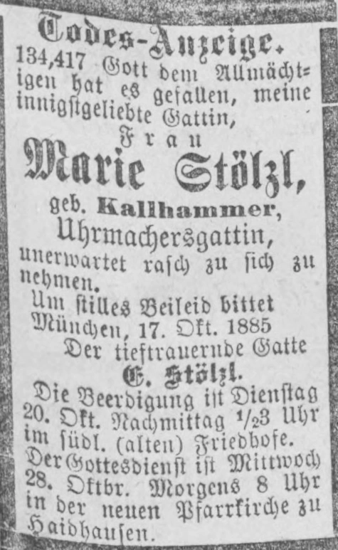 Todesanzeige für Marie Stölzl