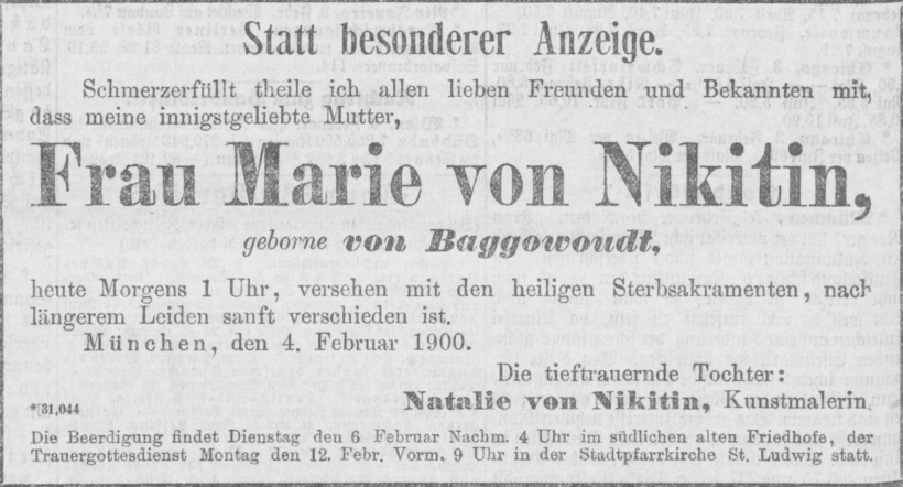 Todesanzeige für Marie von Nikitin