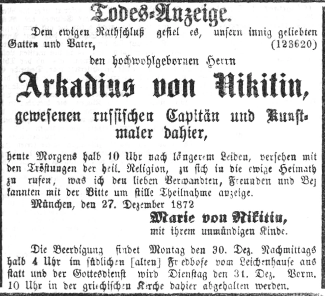 Todesanzeige für Arkadius von Nikitin