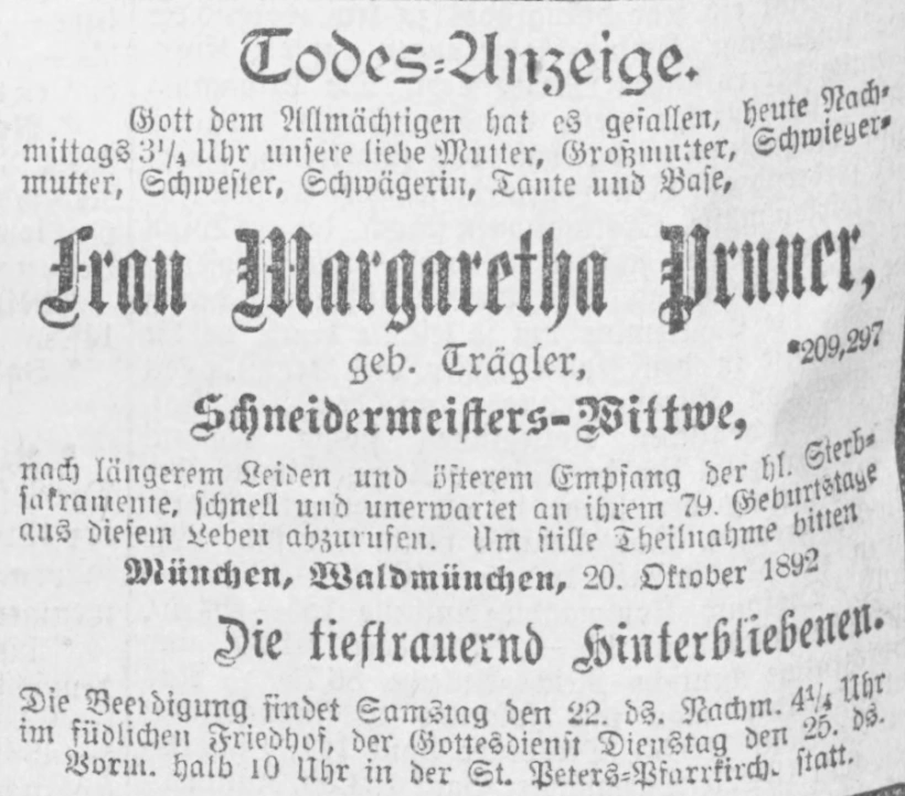 Todesanzeige für Margaretha Pruner