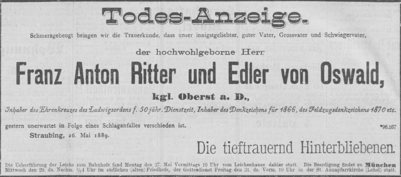 Todesanzeige für Franz Anton Ritter von Oswald