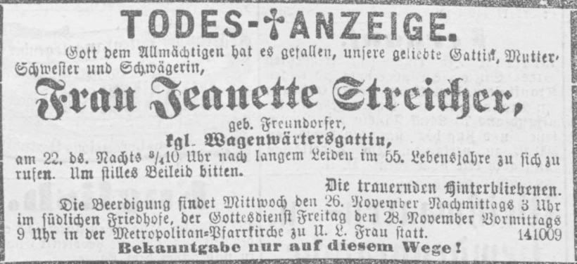 Todesanzeige für Jeanette Streicher