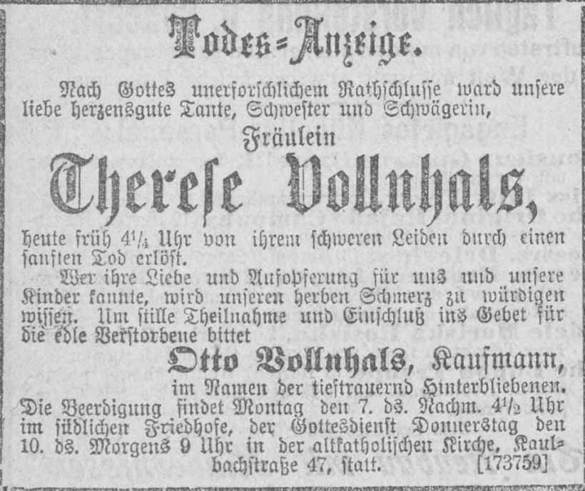 Todesanzeige für Therese Vollnhals