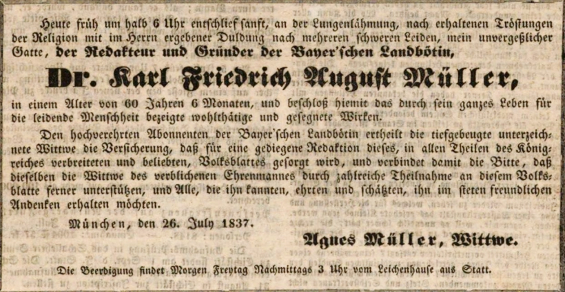 Todesanzeige für Karl Friedrich August Müller