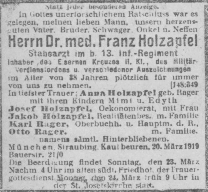 Todesanzeige für Dr. med. Franz Holzapfel