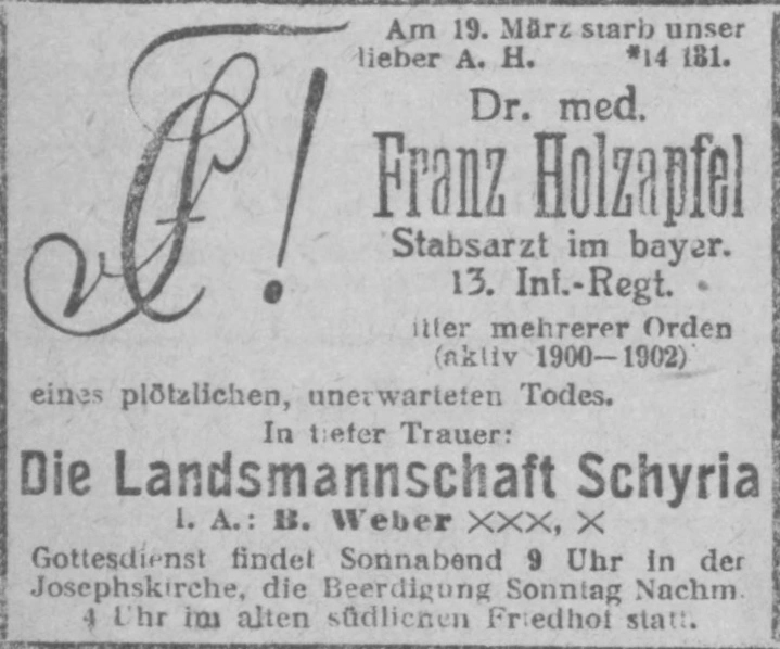 Todesanzeige für Dr. med. Franz Holzapfel