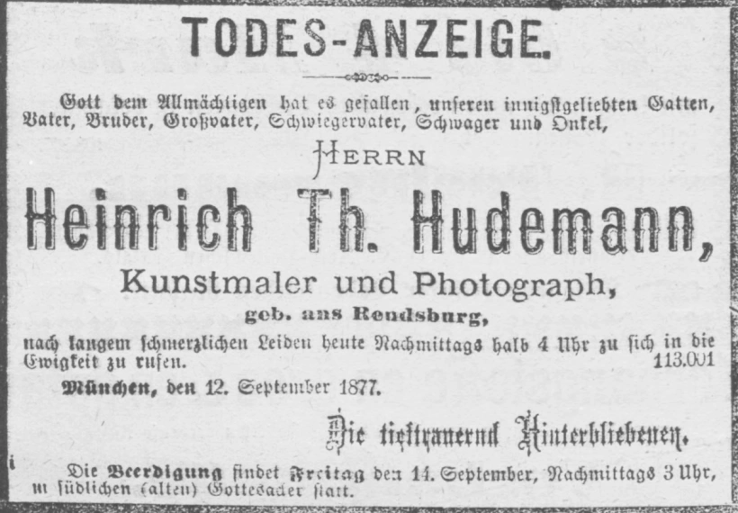 Todesanzeige für Heinrich Theodor Hudemann