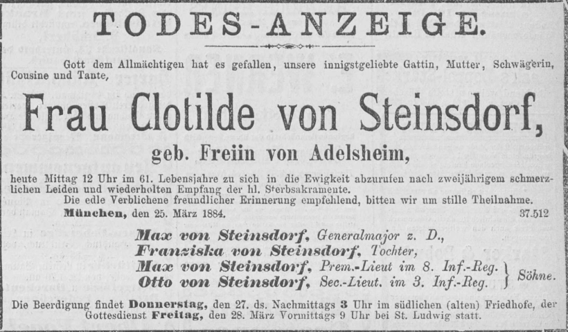 Todesanzeige für Clotilde von Steinsdorf