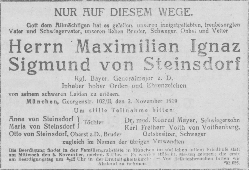 Todesanzeige für Maximilian Ignaz Sigmund von Steinsdorf