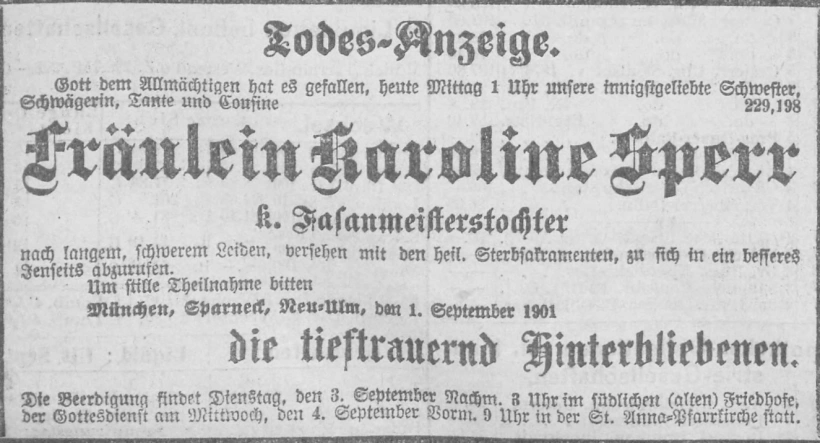 Todesanzeige für Karoline Sperr