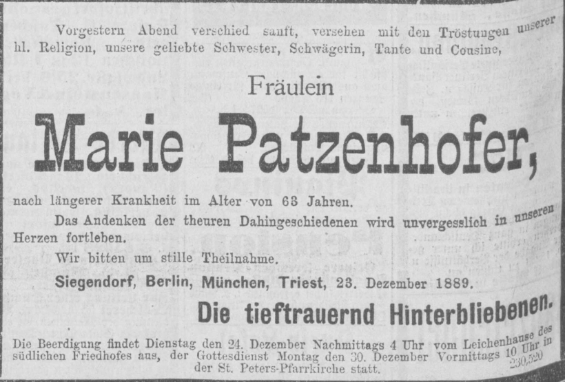 Todesanzeige für Marie Patzenhofer