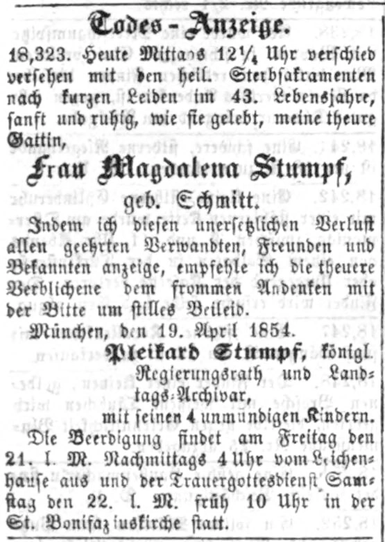 Todesanzeige für Magdalena Stumpf