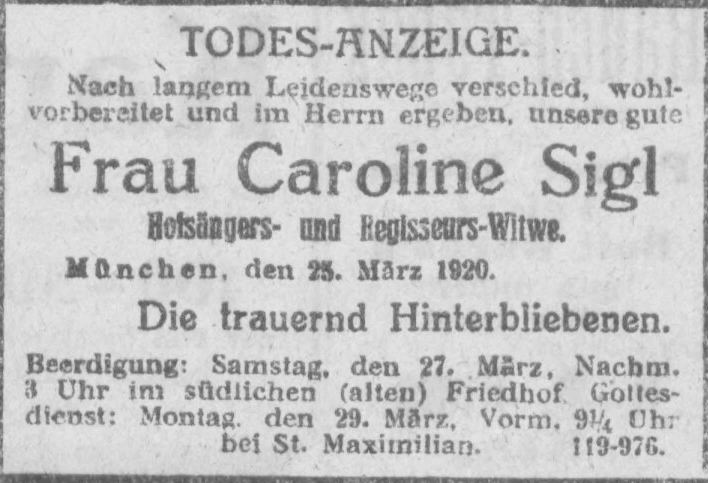 Todesanzeige für Karoline Sigl