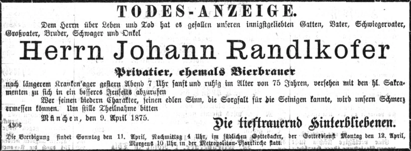 Todesanzeige für Johann Baptist Randlkofer