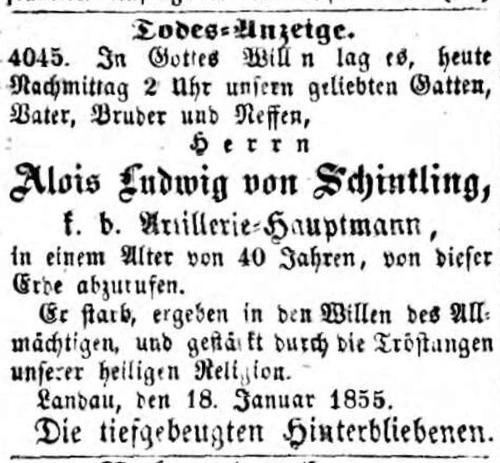 Todesanzeige für Alois Ludwig von Schintling