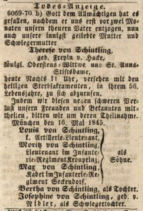 Todesanzeige für Therese von Schintling