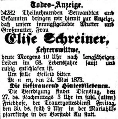 Todesanzeige für Elise Schreiner