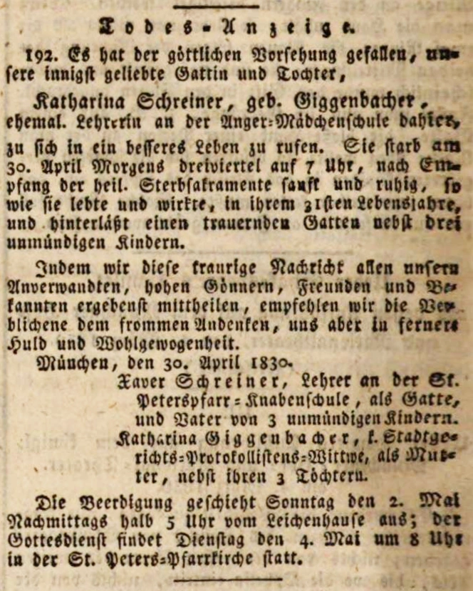 Todesanzeige für Katharina Schreiner