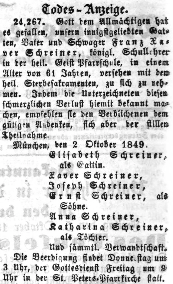 Todesanzeige für Franz Xaver Schreiner