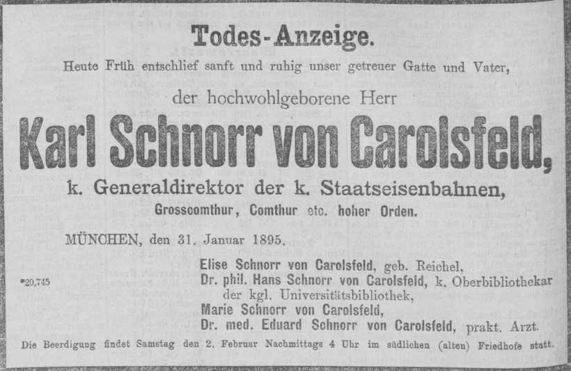 Todesanzeige für Karl Schnorr von Carolsfeld