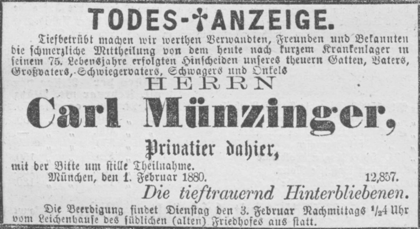 Todesanzeige für Karl Münzinger