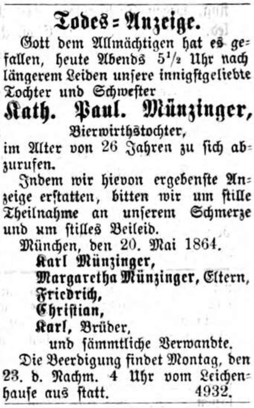 Todesanzeige für Katharina Paul. Münzinger