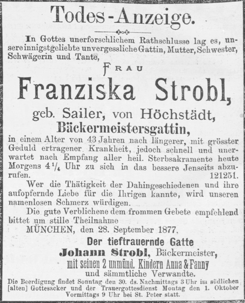 Todesanzeige für Franziska Strobl