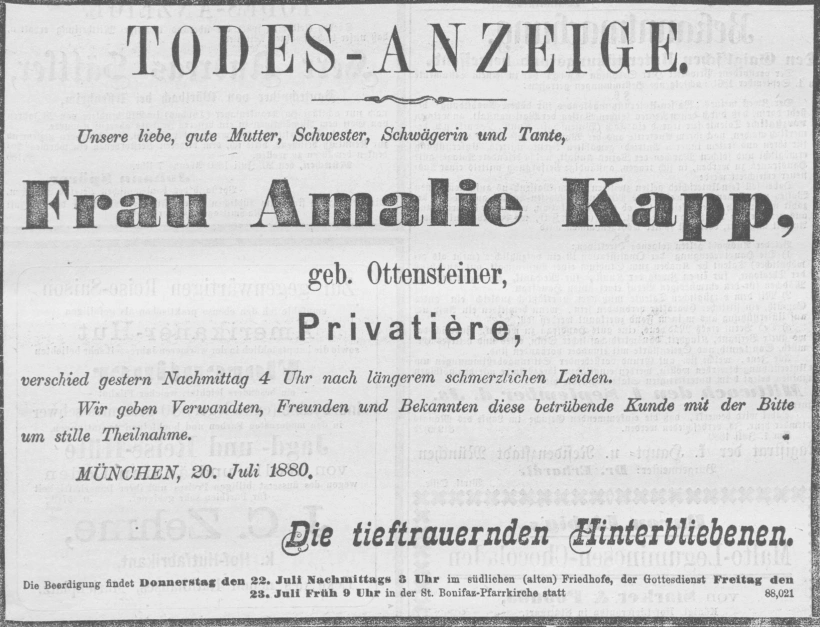 Todesanzeige für Amalie Kapp